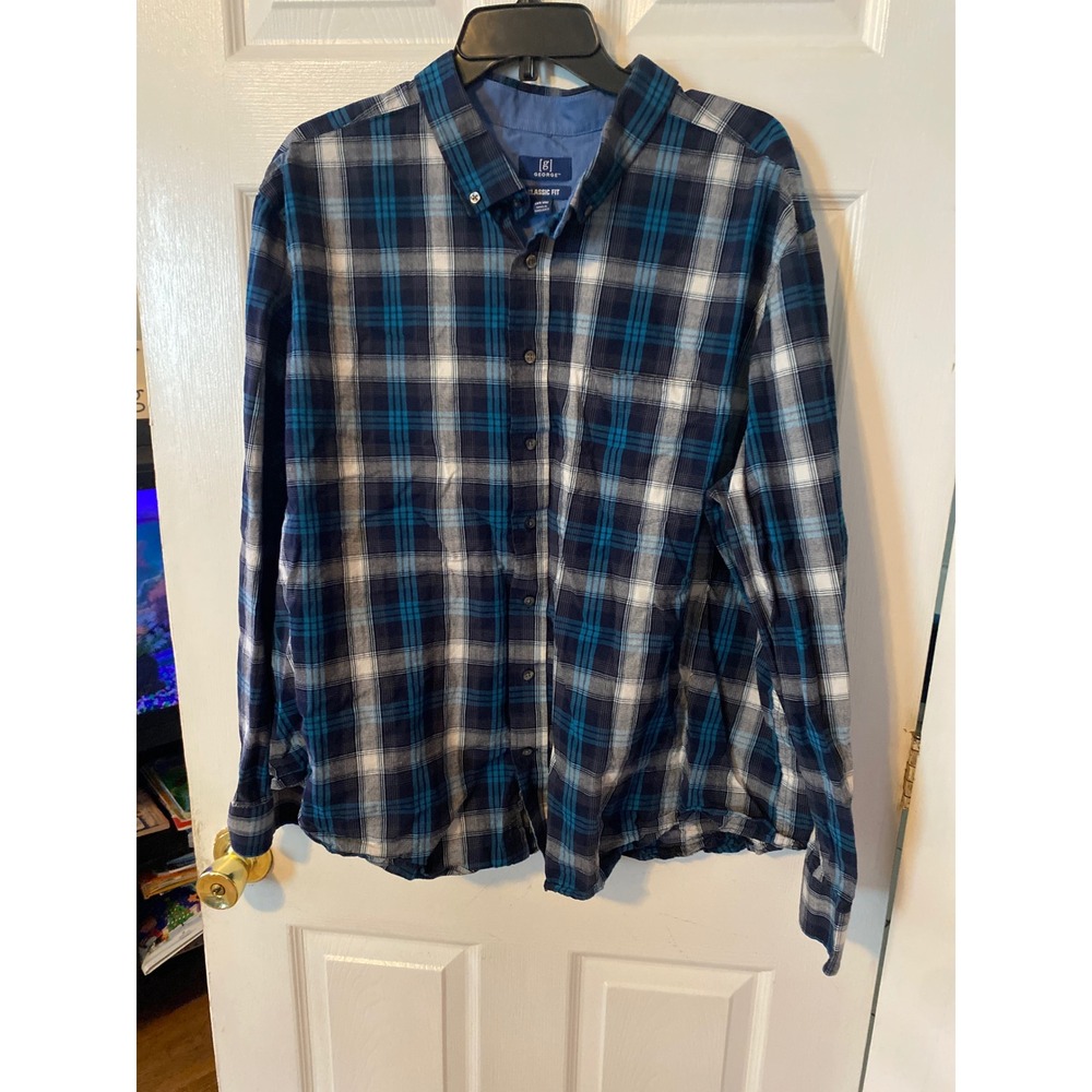 George Mens Classic Fit Plaid Button Down Shirt Blue White 3XL 54-56 Long Sleeve